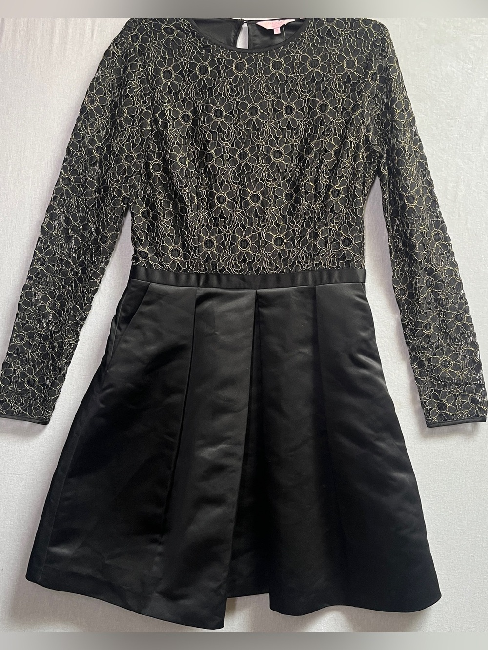 Ted Baker Black Satin Skater Dress Gold Floral Lace Bodice Size 3 US 8